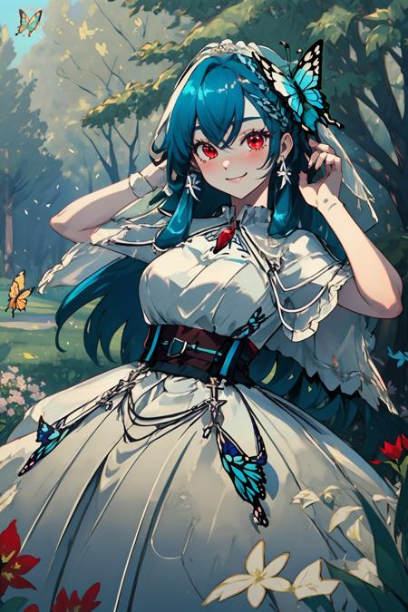 grass, flowers, trees, butterfly, wide-shot, bianca, white dress, wedding dress, holding buquet, smiling, looking at viewer, red eyes, long hair, blue hair, hair between eyes,  <lora:BiancaERLora-08:0.8>,  <lyco:GoodHands-beta2:1.0> <lora:beautiful_detailed_eyes:1>