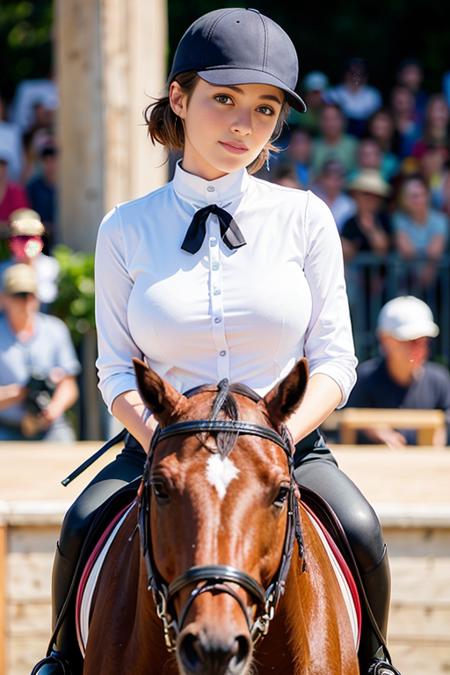 photo of a woman, (wearing equitation_outfit, wearing cap:1.3), white equitation_outfit,
good hand,4k, high-res, masterpiece, best quality, head:1.3,((Hasselblad photography)), finely detailed skin, sharp focus, (cinematic lighting), night, soft lighting, dynamic angle, [:(detailed face:1.2):0.2], medium breasts,(((in front of a crowd))), outside,   <lora:equitation_outfit-10:0.5>