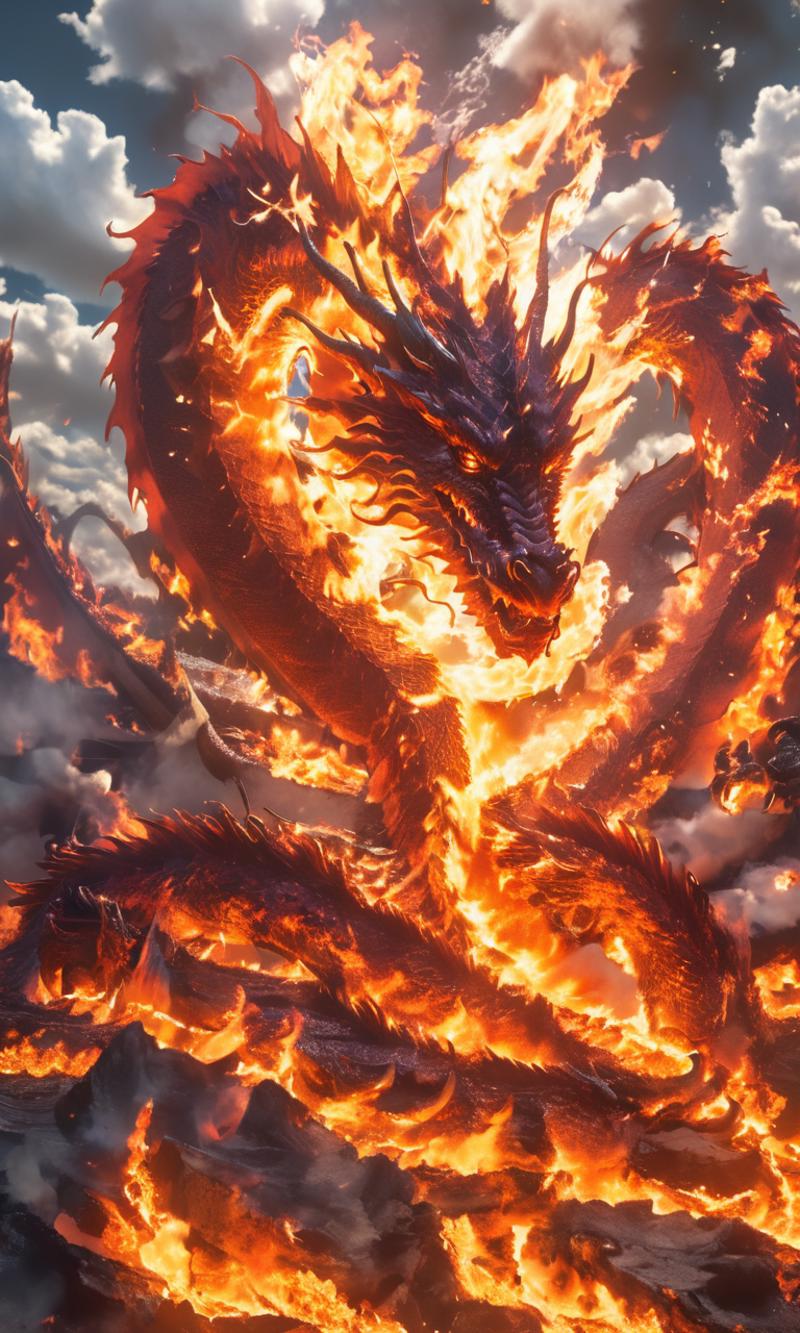 A fiery dragon with large wings and a long tail, surrounded by flames.