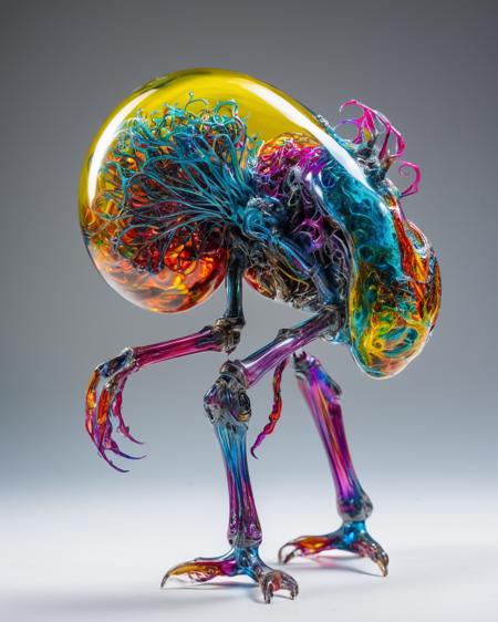 focus on non-anthropomorphic bioengineered creature, transparency:1.4, (detailed cybernetic implants fused with organic matter:0.5), full body, (with intensely vibrant swirling colors:1.9), realistic photo, <lora:add-detail-xl:1.0> ,  <lora:artialien:1> artialien