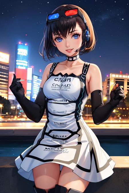 masterpiece, best quality, city, night looking at viewer, smile, cowboy shot
<lora:zs_Motoko:1> motokop2, glasses on head, 3d glasses, black hair, short hair, elbow gloves, dress, knee boots, headset, choker