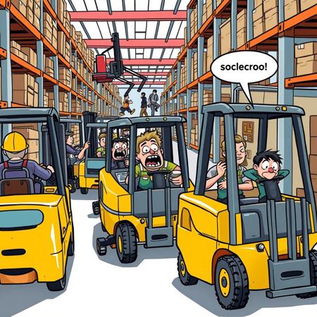 A humorous illustration of chaotic Forklift warehouse workers moving recklessly in different directions, looking disorganized and exaggeratedly clumsy. In the background, a terrified pedestrian flees with a comically exaggerated expression of fear. Bublle say "soccorroo" The scene is set in a bright warehouse environment, drawn in a colorful, cartoonish style, emphasizing exaggerated features and comic elements."