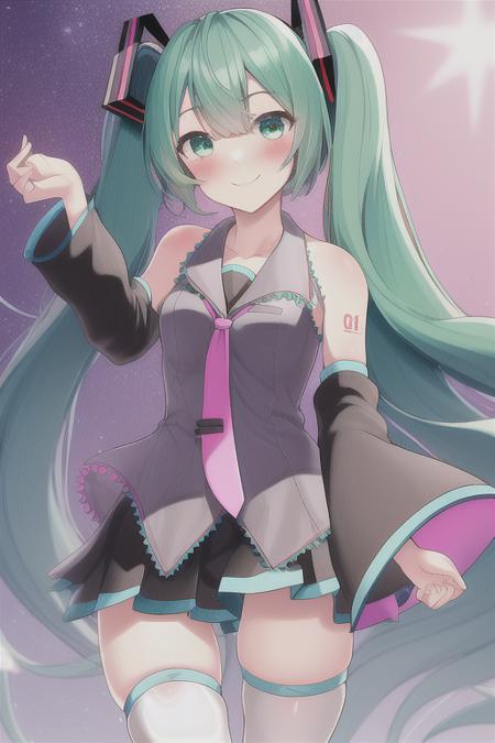 hatsune_miku, (light_green_hair:1.2), starlight_eyes, wind, white_thighhighs, strong_blush, smile, left_hand_up|right_hand_on_heart,