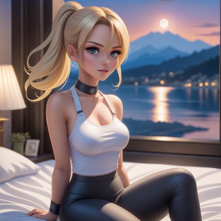 highres, highest quallity, illustration, ultra detailed, (detailed face), (detailed eyes), cinematic lighting, best quality, hyper detailed, masterpiece, 1girl, solo, blonde hair, ponytail, tank top, white tank top, choker, exposed shoulders, luminous eyes, large breasts, light rays, (colorful), close up, upper body, looking at viewer, indoors, modern bedroom, sitting on bed, window, lake, town in the distance, night, moon, clouds