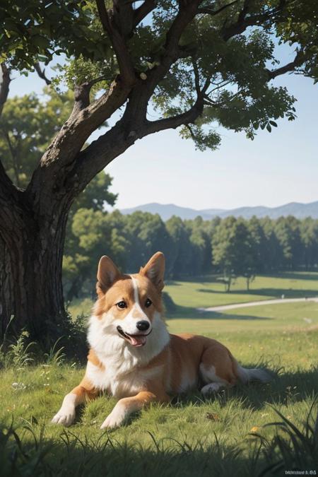 line art drawing  . professional, sleek, modern, minimalist, graphic, line art, sitting, closed_mouth, outdoors, day, tree, corgi, leaf, watermark, grass, instrument, nature, forest, foliage