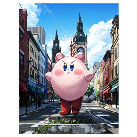 Highly detailed, High Quality, Masterpiece, Kirby, <lora:Kirby:0.8>, bronze_statue, in the middle of a square, <lora:Style_BronzeStatue:0.5>