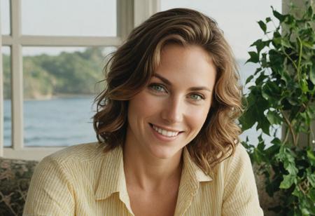 A meticulously detailed, hyper-realistic studio portrait of a 35 years old woman with sun-kissed skin and bright green eyes. She has a slim, oval, delicately contoured face with high cheekbones, a narrow jawline, and a subtle V-shaped chin. Her wavy, short-length light brown hair is casually tousled, framing her naturally beautiful face. Her skin has realistic texture: visible pores, soft natural wrinkles, gentle laugh lines, and minor imperfections that enhance authenticity. She wears a stripped yellow and white linen button up shirt an a warm, genuine smile . She seats in a warm living room,sorrounded with plants,green ivy near the window, facing the sunset, and ocean,through a Big  window, captured with an 85mm lens at f/4, with natural color grading and an unedited RAW film look — inspired by Kodak Portra 400. No makeup retouching, no plastic effect, no artificial smoothing.
street photography , photography , editorial photo,  realistic , natural light,  highly detailed