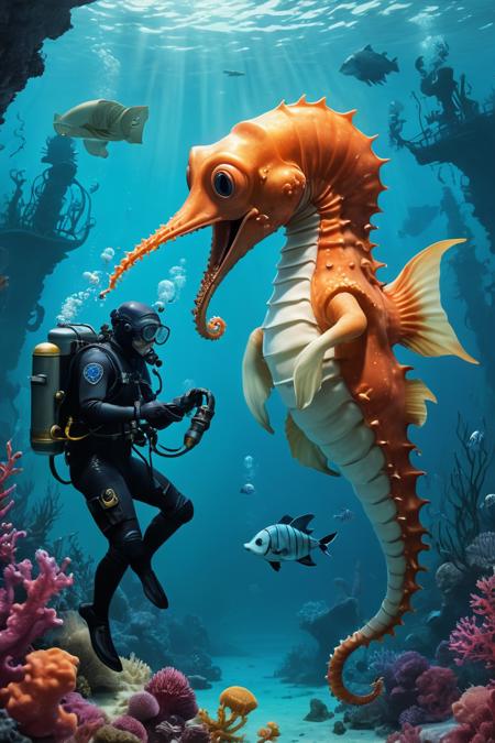 A whimsical illustration of a secret underwater laboratory where marine biologists in scuba gear conduct experiments on giggling, anthropomorphic seahorses, while a giant squid observes from the shadows.