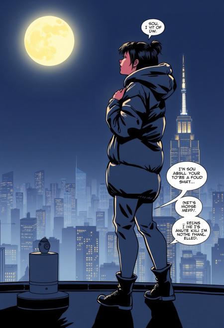 A comic book panel showing two teen girls in an oversized black shiny downsuit, kissing on the rooftop of a skyscraper. The city skyline is detailed in the background, with the moon casting a dramatic light on the girl's figure