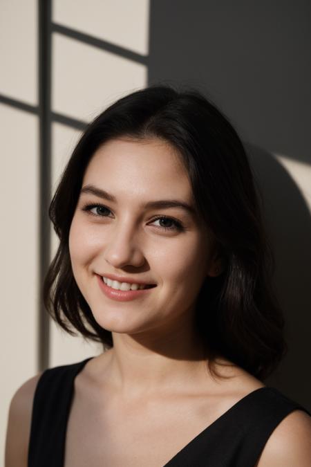 RAW photo, face portrait photo of beautiful 26 y.o woman, cute face, wearing black dress, happy face, hard shadows, cinematic shot, dramatic lighting