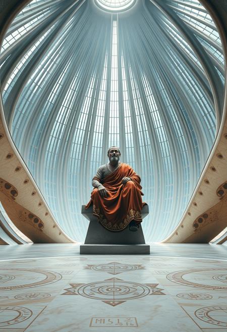 A contemplative scene featuring a lone philosopher seated on a stone bench within a towering rotunda, surrounded by flowing, skeletal structures that resemble the interior of a futuristic basilica. The man is dressed in a richly colored toga with gold embroidery, his face carved with wisdom and serenity. The space around him is a symphony of curves and arches, with glass ribs stretching skyward and light filtering through like sunlight through leaves. Beneath his feet, the floor is smooth alabaster inlaid with abstract glyphs and mathematical patterns. The architecture is both alien and reverent, as if shaped by centuries of aesthetic evolution. His surroundings suggest both sanctuary and innovation, a place for elevated thought and timeless contemplation. The mood is deeply intellectual, heightened by the clarity and softness of the ambient light. The image feels like a frozen moment in a utopian age that reveres knowledge, history, and celestial design.