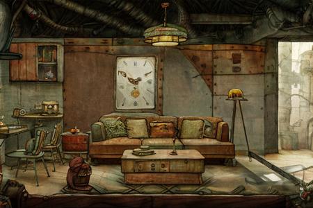 a painting of a room with a staircase and a clock , jxmc style,  <lora:jxmc:1>