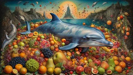 painting of the dolphin`s head surrounded by an abundance of vibrant fruit, fantastical creatures interwoven with their forms, elements of nature merging into surreal beings, intricate patterns and textures, ethereal landscapes, illuminated colors creating a dreamlike atmosphere, influences of Hieronymus Bosch's allegorical symbolism, Otto Dixâs intensity, Ryohei Haseâs mysterious characters, Chris Marsâ haunting details, layered imagery that evokes a sense of wonder and horror,  <lora:xl_more_art-full_v1:0.4>  <lora:XL_great_lighting:1>