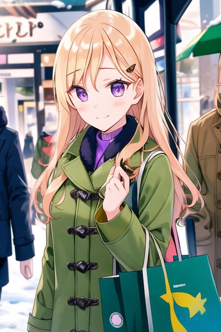 Saki, blonde hair, hairpin, (tied hair), (winter clothes), green coat, bag, shy, shopping mall, purple eyes