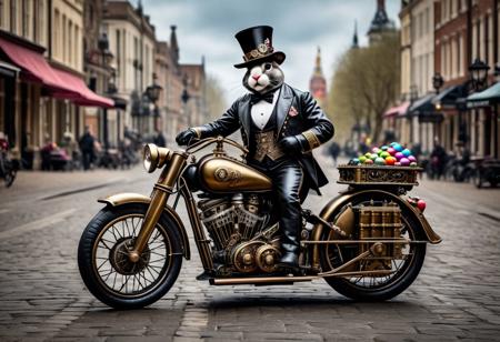 a steampunk style photo of (Easter Bunny), full body, victorian clothes with a steampunk topper hat, riding a strampunk motorcycle, blending of victorian technology, steam-powered, cogs, brass machinery, full body in frame, ( (on the street with lot of colorfull easter eggs), (Easter mood), (Easter eggs), (Easter Celebration), (Easter eggs on the street), the entire motorcycle must be in the frame, (hyperrealism, 8k, extremely detailed), high quality), (ultra detail), (high resolution), (masterpiece), (complex and beautiful), nsfw, (exquisitely beautiful,: (finely detailed eyes and detailed face) deep of field, amazing natural lighting, brilliant composition, intricate design, photorealistic, hyperrealistic, high definition, extremely detailed, perfect composition, best quality, cinematic lights, , 8K, sharp focus, UHD, epic,