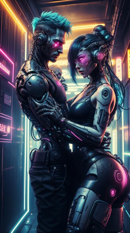 <lora:C7b3rp0nkStyle:1> C7b3rp0nkStyle a man leading his wife in a slow dance, his hands tracing the curve of her waist, colorful, cyberpunk style, neon lights, dark mood, high contrast, (Masterpiece:1.3) (best quality:1.2) (high quality:1.1)