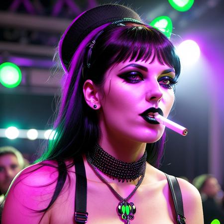 a beautiful woman at a rave with a cigarette in her mouth and wearing goth clothing, close-up, realistic, photorealistic, smoking, smoke, neon lights, crowd, depth of field