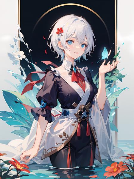 masterpiece,best quality,1girl,yanhe,short hair,white hair,<lora:yanhe-000006:1>,water,flowers tire,atlantis,Flying red petals,flower,butterfly,smile,petal,