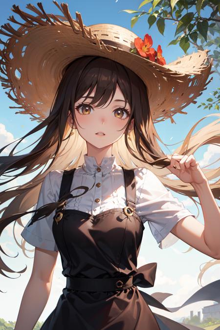 (((high detail))), best quality, 1girl, gardening, straw hat, light brown long flowing hair blowing in the wind,