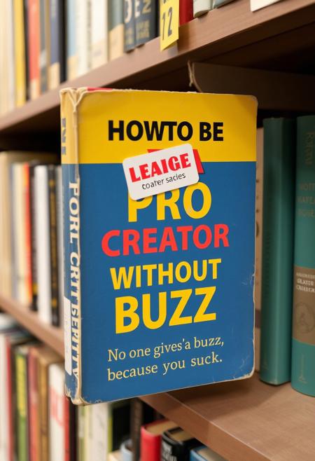 an old book a self-help book with the title in the cover "HOW TO BE A PRO CREATOR WITHOUT BUZZ" and the subtitle "No one gives you buzz, because you suck" with a sticker of clearance labels   in a shelves of an old book store