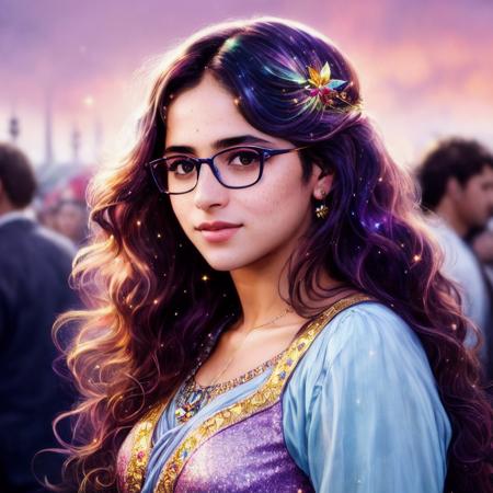 photorealistic painting ((full body)) portrait of ((Zainabtt)) a woman with glasses at a music festival, ((perfect feminine face)), (+long colorful wavy hair), (+glitter freckles), glitter, wearing a dress, intricate, 8k, highly detailed, volumetric lighting, digital painting, intense, sharp focus, art by artgerm and rutkowski and alphonse mucha, cgsociety