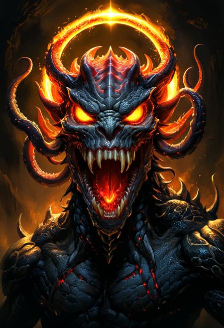 Highly detailed fantastical, demonic figure with a menacing and captivating presence. The subject is a humanoid creature with a pale, almost ghostly complexion and a wide, open mouth revealing sharp, blood-red teeth. Its eyes glow a fiery, glowing yellow, adding an eerie and intense aura to its expression. The figure is adorned with intricate, dark, scaly, snake-like tentacles emerging from its head and shoulders, intertwining and curling around its face and neck, giving it a serpentine appearance.
The creature’s head is adorned with a golden, circular halo-like ornament that casts a warm, radiant glow around its face, contrasting starkly with its dark, ominous features. The background is a dark, shadowy environment, with a hint of glowing embers or sparks floating around, enhancing the mystical and otherworldly atmosphere. The texture of the creature’s skin is smooth but with a slight sheen, while the tentacles have a rough, scaly texture.
The overall color palette is dominated by deep, dark tones of black and grey, with highlights of gold and fiery orange from the eyes and halo, creating a striking visual contrast. The image is highly detailed and realistic, capturing the essence of a nightmarish,  detailxl, Art by Boris Vallejo, midjourneyv6.1, Boris Vallejo Art Style,