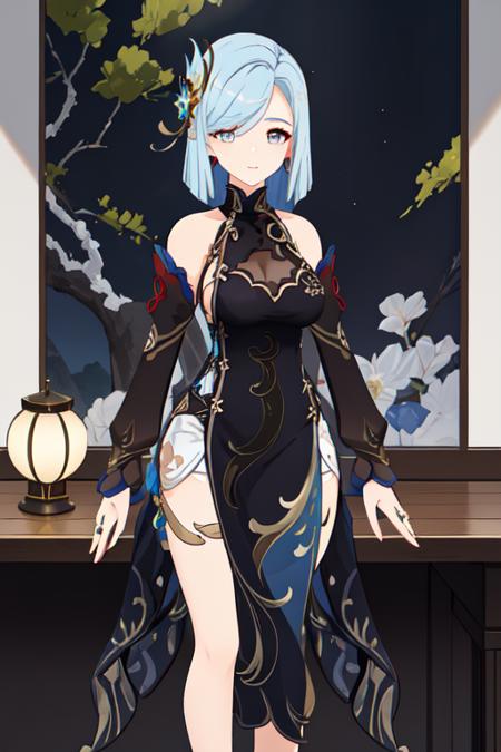 shenhe \(genshin impact\), hair ornament,detached sleeves, chinese clothes, bare shoulders, china dress, black dress, jewelry, large breasts, cleavage, 