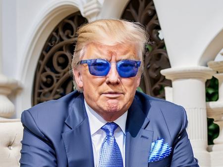 Trump768, blue sunglasses, blue suit, detailed eyes, photography, ultra-sharpness, highest quality, art of Anya Millen, smooth, clear focus, trend on artforum, behance hd, muted colors    <lora:Trump768:0.7>