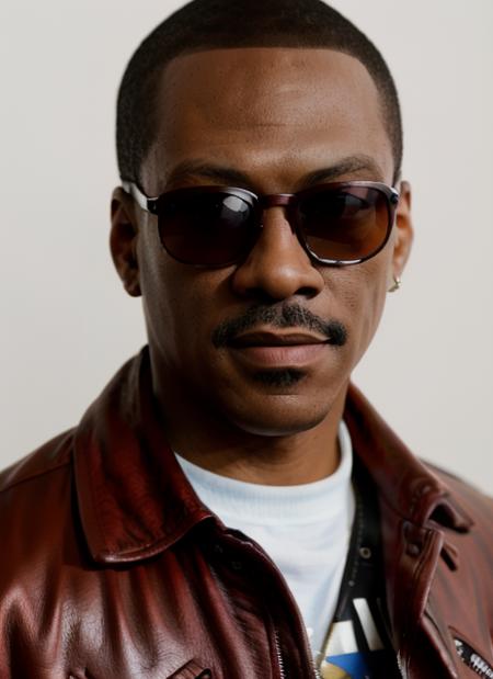 a photo of (em1), a man (wearing a red leather jacket and sunglasses),  (simple white background), (focus on face:1.2), (masterpiece:1.2), (photorealistic:1.2), (best quality), (detailed skin:1.2), (intricate details), (8k), (HDR), (cinematic lighting), (sharp focus), (close-up:1.2), (looking at viewer:1.1) <lora:EddieMurphy:1>