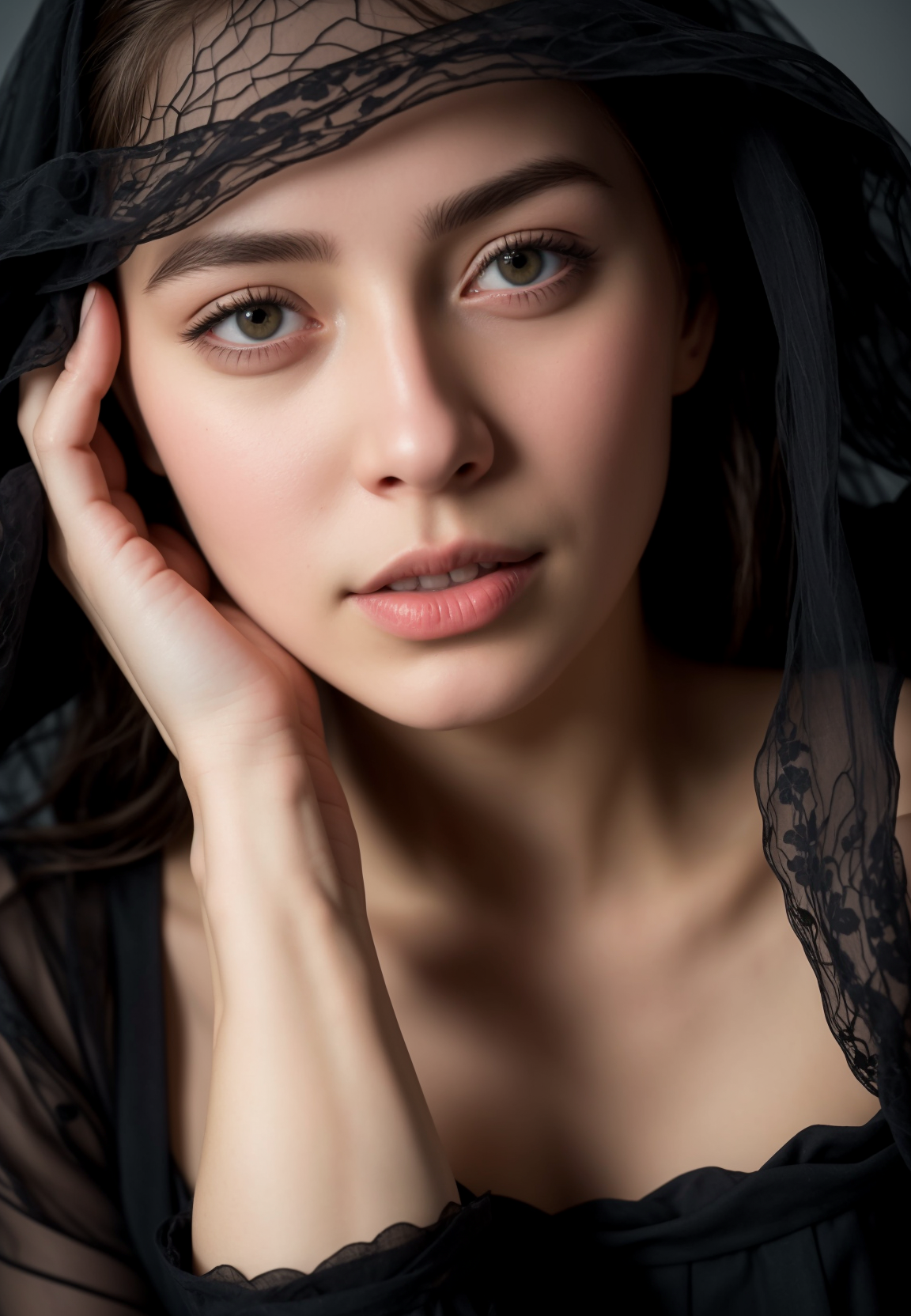 close-up photo of night shot of Under A Veil (Of Black Lace), highly detailed, masterful painting in the style of Anders Zorn | Marco Mazzoni | Yuri Ivanovich, Aleksi Briclot, Jeff Simpson, oil on canvas, masterpiece, best quality, realistic, very clear, RAW photo, (high detailed skin:1.2), 8k uhd, dslr, soft lighting, high quality, film grain, Fujifilm XT3, ultra quality, ultra detailed, award-winning, octane, backlight, chiaroscuro. Dark, lit, moody, mysterious. Detailed, intimate, clear, personal in a tailored suit. Formal, professional, sleek, well-fitted<lora:NIJI V6 (Midjourney):1><lora:NIJI V6 (Midjourney):1><lora:NIJI V6 (Midjourney):1><lora:NIJI V6 (Midjourney):1>