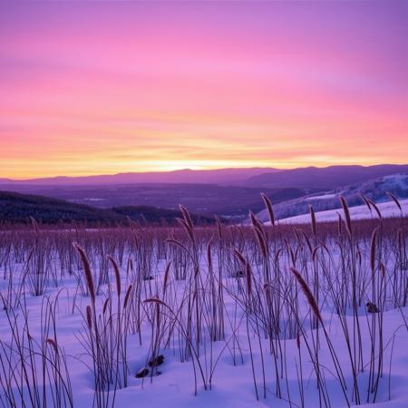 Snowy Field, Tall Grass, Icicles, Deep Snowfall, Great Rolling Hills, Dim Sky, Evening Sunset Sky, Purple Sky, Masterpiece, Scattered Forest, Sloping Hills, Winter Solstice