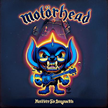 Disney animation style Disney (Stitch:1.3) as lemmy from motörhead, playing guitar on a rock concert, motörhead_cover, record cover, ,,. Bright colors, fluid motion, charming characters, wholesome storytelling, hand-drawn animation