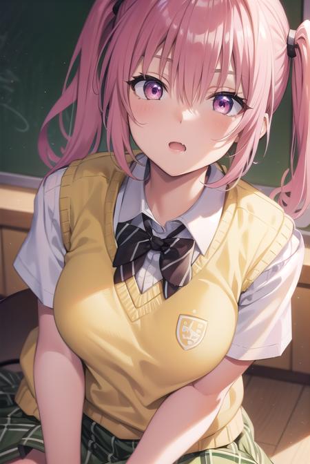 nanadeviluke, <lora:nanadeviluketest:1>,
nana asta deviluke, fang, long hair, (pink eyes:1.5), pink hair, tail, twintails, (flat chest:1.2),
BREAK green skirt, plaid, plaid skirt, sainan high school uniform, school uniform, skirt, shirt, white shirt, sweater vest, (yellow sweater vest:1.5), short sleeves,
BREAK looking at viewer,
BREAK indoors, classroom,
BREAK <lora:GoodHands-vanilla:1>, (masterpiece:1.2), best quality, high resolution, unity 8k wallpaper, (illustration:0.8), (beautiful detailed eyes:1.6), extremely detailed face, perfect lighting, extremely detailed CG, (perfect hands, perfect anatomy),