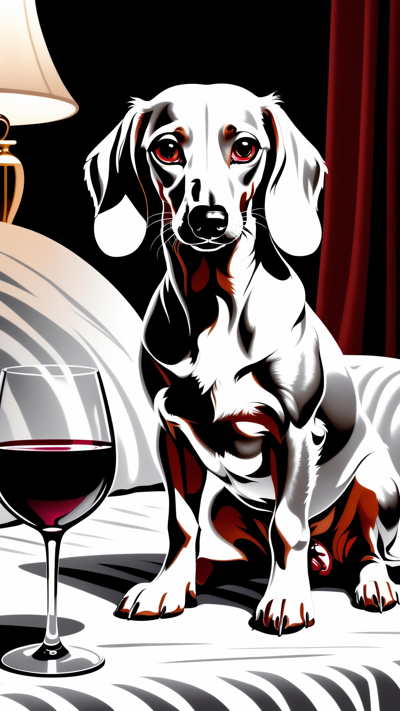 A black and white dog sitting next to a glass of red wine.
