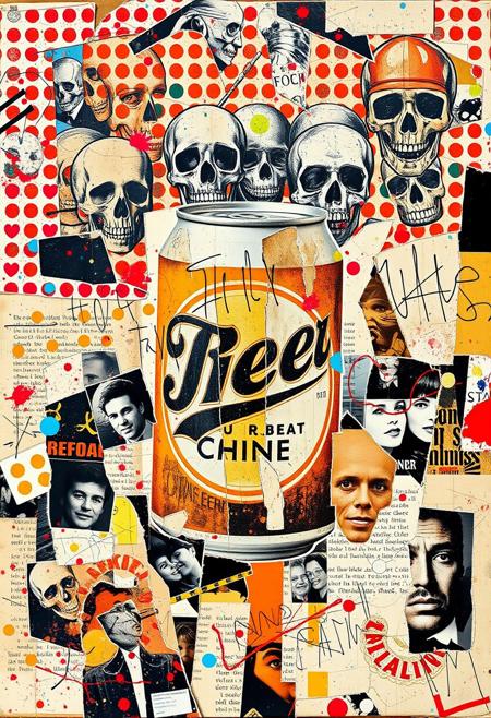 Outsider art. A surreal and deconstructed mixed-media collage in the style of Jacques Prévert with an urgent sense of chaos and energy. An analogue collage artwork blending fragmented styles, layers and textures. 
The main image is a 1970s magazine advert for canned beer torn from the magazine. Print errors, halftone dots. grungy print registration errors. 
Layered over this obscuring the image are multiple fragmented and overlapping layers of chaotic thick paint, splatters of paint, palette knife oil paint, handwritten scrawled text messages, torn photographs and broken distorted vintage photographs filling the canvas. 
Layered sections of repetitive brightly coloured dots are spraypainted in Yayoi Kusama style. Fragmented skulls and abstract faces in Jean-Michel Basquiat style over the top. This hides sections of the image below. Outlines are roughly redrawn in black ink and thick oil paint. 
On the top layer are rough hand-drawn letters and love hearts scrawled heavy-handedly in blue biro on to print.
The overall effect is manic and anarchic with an urgent sense of energy.