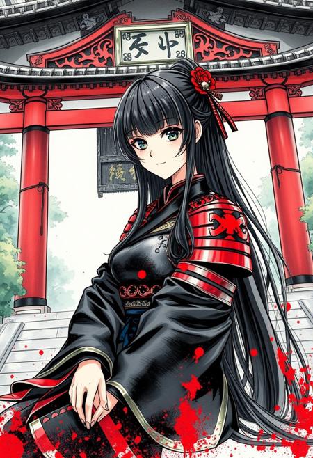 A stunning colored sketch in ink splats style, featuring a Japanese female warrior with long, flowing hair adorned with bangs and sidelocks, complemented by a delicate hair ornament. She sits gracefully in front of an intricately detailed Shinto shrine, her black and red plated armor gleaming with vibrant ink splats that add a dynamic flair to the scene. The warrior exudes strength and elegance, her posture relaxed yet poised, while the background showcases the serene beauty of the shrine, complete with traditional architectural elements and lush greenery. The atmosphere is enriched by a soft, ethereal glow, highlighting the contrast between the vibrant ink colors and the tranquil setting, creating a captivating and immersive visual narrative.aaa