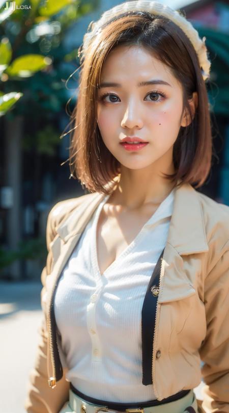 (8k, RAW photo, best quality, masterpiece:1.2), (realistic, photo-realistic:1.37), ultra highres, depth of field, chromatic aberration, caustics, Broad lighting, natural shading,Fujifilm XT3,masterpiece,ultra detailed, Sarasa fido,upper,full,1girl, solo, outdoors, upper body, <lora:Sarasa fido_02:0.7>