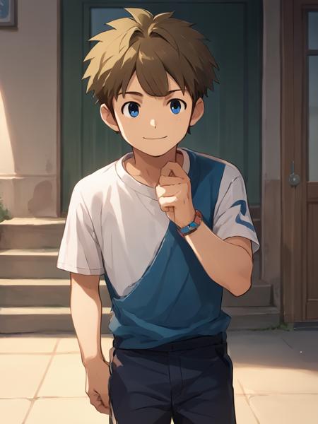  Tachimukai yuuki, 1boy, male focus, brown hair, blue eyes raimon sportswear, soccer uniform, gloves shorts, casual attire soccer ball