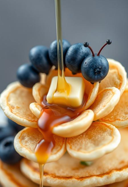 "Create a whimsical and realistic digital artwork featuring a cute caterpillar made entirely from plump, juicy blueberries, crawling on a delicate flower made entirely from fluffy pancakes. The blueberry caterpillar should be rendered in exquisite detail, with visible texture and subtle shading that captures the slight sheen of the fruit. The pancake flower should be intricately detailed, with visible batter texture and a delicate, golden-brown color. Maple syrup should be dripping from the flower's fluffy petals, creating a sweet, sticky trail. A dollop of butter should be slightly melted in the flower's center, adding a creamy, golden glow. The overall effect should be one of enchanting realism, as if the viewer could reach out and touch the soft, fluffy pancakes and taste the sweetness of the maple syrup." Highest-Quality, 4k, intricate details, visually stunning, Masterpiece