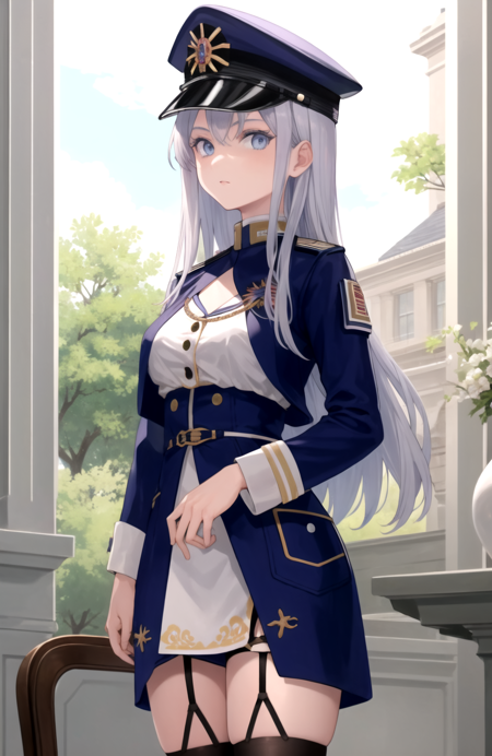 (masterpiece), (best quality)
BREAK vladilena milize, military hat, military uniform, garter straps, white thighhighs, cowboy shot, looking at viewer, (serious:0.7), standing
BREAK indoors, marble pillar, arc, tree