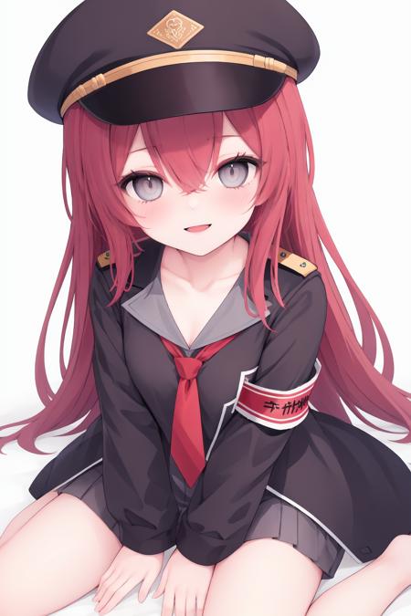 1girl, hat, solo, red hair, necktie, armband, long hair, looking at viewer, red necktie, military hat, blush, grey eyes, sitting, smile, peaked cap, military, safety pin, uniform, hair between eyes, simple background, wariza, long sleeves, military uniform, hand between legs, black shirt, collarbone, between legs, military jacket, black headwear, pointing at self,