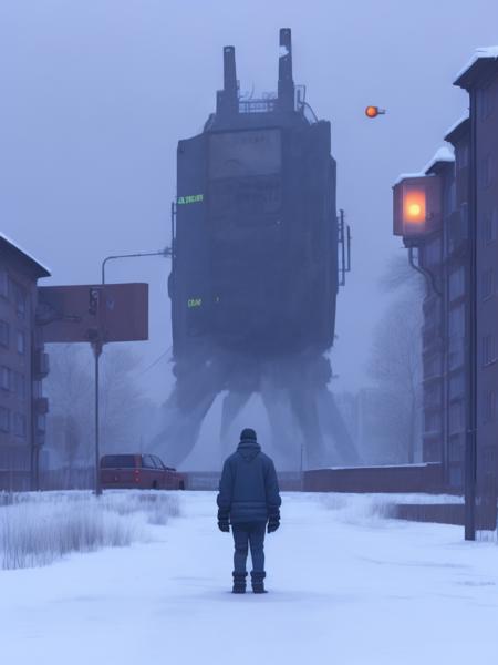 <lora:21Stalenhag:1>a man standing in the middle of a snowy street by Simon Stlenhag