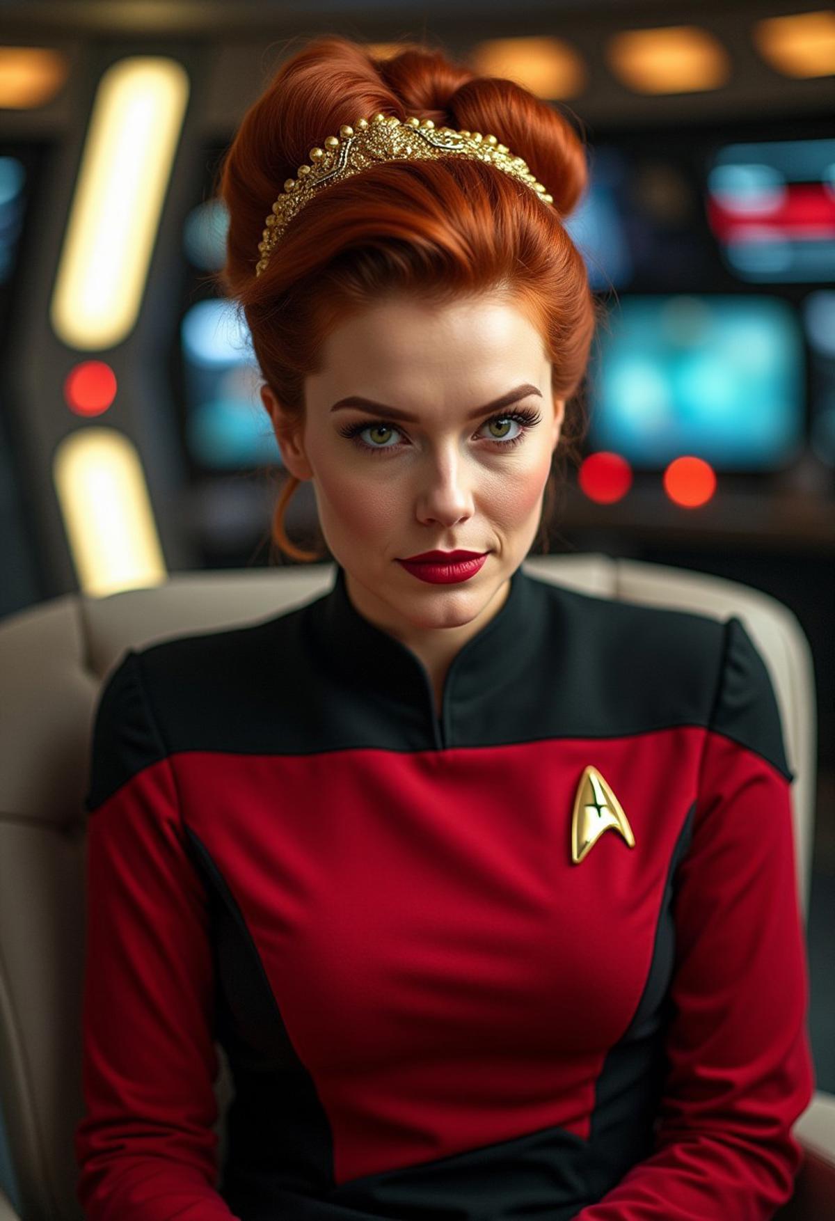 UHD, 8K, ultra detailed, a cinematic photograph of close up portrait Oil paint splatter painterly fantasy artistic painting of an ultra realistic Captain Lucille Ball, updo red hair with a golden headband, in a red and black starfleet dress, sitting in the Captains chair on the Enterprise, cinematic dreamy atmosphere. intuitive muted colors, soft brush strokes, epic artwork, oil paint texture, glowing effects, spaceship enterior in the background, beautiful lighting, great composition