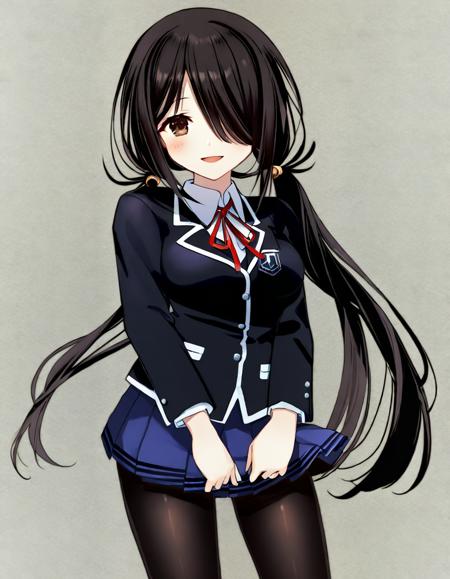 tokisaki kurumi, 1girl, black hair, black jacket, black pantyhose, blue skirt, blush, brown eyes, cowboy shot, dress shirt, floating hair, hair ornament, hair over one eye, jacket, long hair, looking at viewer, miniskirt, neck ribbon, pantyhose, pleated skirt, red ribbon, ribbon, school uniform, shirt, skirt, smile, solo, standing, transparent background, twintails, uniform, very long hair, white shirt, <lora:Char - Tokisaki_Kurumi - Own:1>