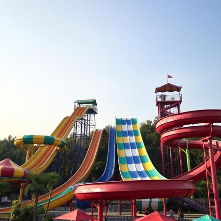 amusement park, giant slides, colorful,