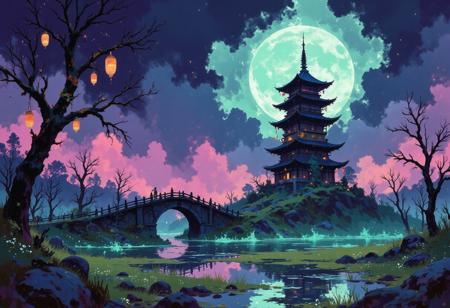A surrealistic landscape depicting a gloomy swampy area. In the middle of the swamp is a three-story wooden pagoda decorated with paper lanterns. The lanterns emit a mystical green light. A long aqueduct crossing the swamp leads to the pagoda. The swamp is lined with low, dried-up trees without leaves, reeds, and small white flowers. The sky is covered with heavy dark clouds, illuminated by the full moon. A pinkish magical smog hangs in the air. 
i11ustmin Illustration