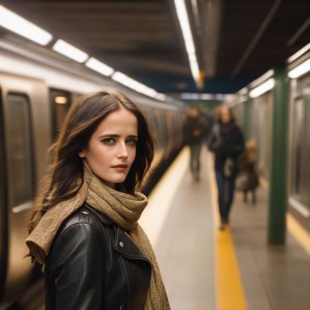 eva_green, <lora:EvaGreenXL:1>, woman inside a subway station, subway train passing by ,motion blur,,leather jacket,scarf,radiant comfort, golden hour, cozy ambience, ((perfect eyes, detailed eyes,realistic eyes)), ((sharp face, detailed face, realistic face, naturtal skin, realistic skin, detailed skin, pores))