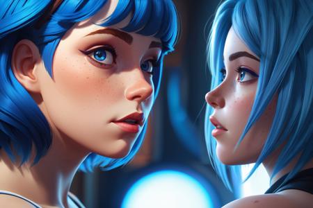 lips to kiss by Rossdraws, freckles, blue hair, beautiful cleavage, by Wlop and Jan Vermeer, intricate, cinematic lighting, highly detailed, smooth, arcane, amazing beauty, complementary colors, dynamic masterwork by head of prompt engineering <lora:arcane_xl:0.55>