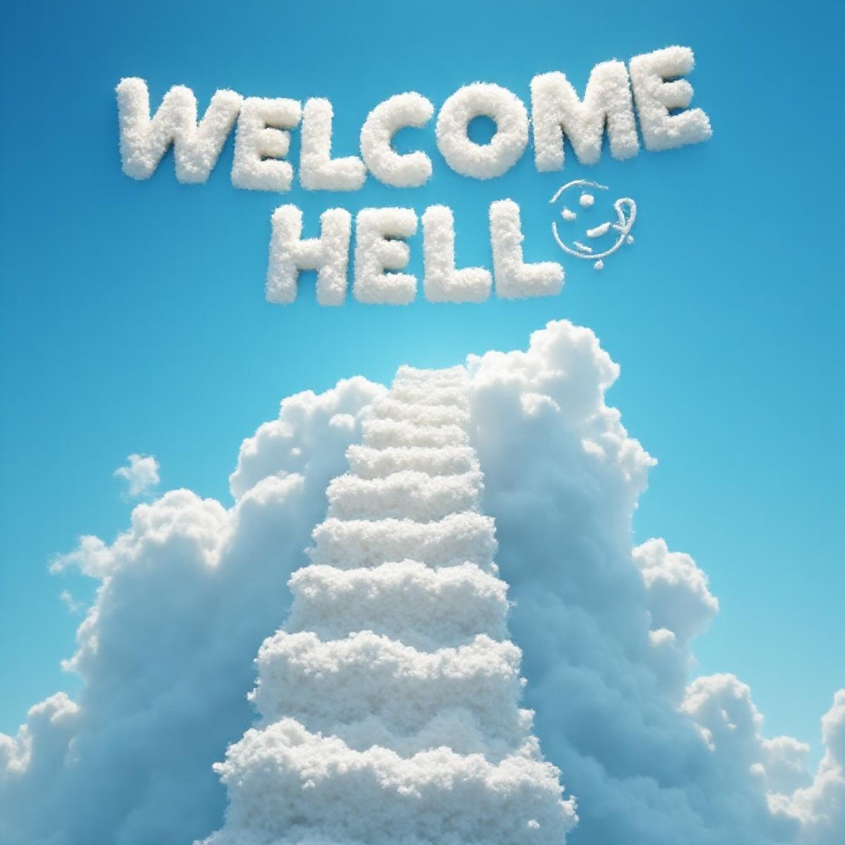 stairway to heaven and the clouds in the blue sky gather to form the words: welcome hell with a smiley face next to it :)