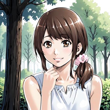 Saeko,1girl,brown hair,low ponytail,hair scrunchie,brown eyes, camisole, dress,